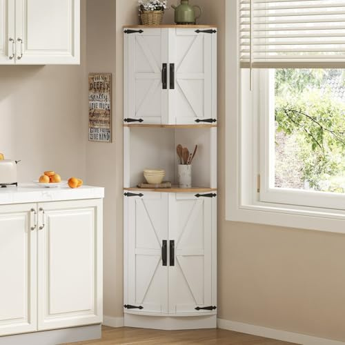 EURHCIO Meuble d'angle 39.5x39.5x180cm,Buffet Haut,Meuble Rangement Cuisine,Buffet Salle a Manger avec 5 Compartiments de Rangement,Style Rustique,pour Salon(3,Blanc)