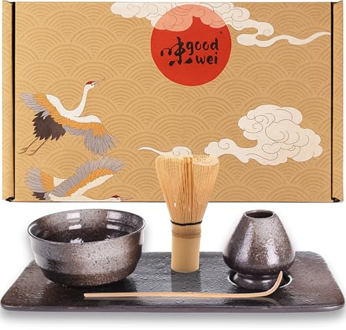 Goodwei Matcha Set „Goma“ – 5-teiliges Matcha Zubehör mit Teeschale 180 ml, Bambus-Matchabesen (80 Borsten), Besenhalter, Serviertablett & Bambuslöffel – handglasierte Matcha Schale
