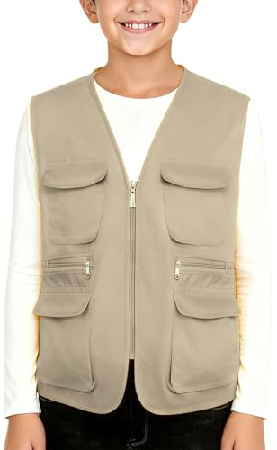Kids Utility Vest with Multi Pocket, Quick Dry Fishing Waistcoat Outdoor Work Safari Travel Gilet Camping Hunting Photography Summer Jackets School Outerwear Khaki 9 Years
