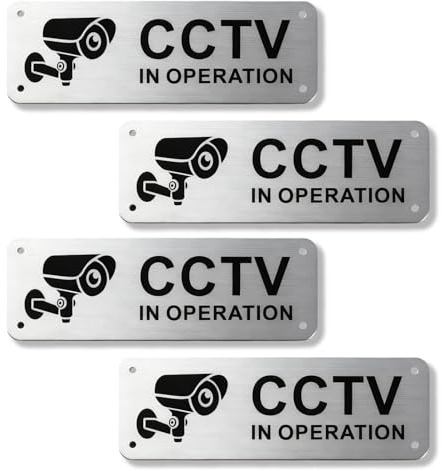 4 Pack CCTV Sign, 15x5cm CCTV in Operation Sign with Pre-Drilled Holes | Self-Adhesive Cctv Stickers, Aluminum Waterproof Rustproof, Indoor/Outdoor Use, Used for Windows, Homes, Commercial Premises