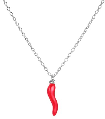 Dreamtimes Collana italiana con corno per donna e uomo Collane con pendente in acciaio inossidabile Collana con peperoncino rosso Amuleto classico Cornicello portafortuna (Rosso-A)