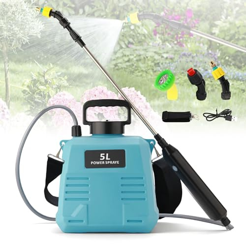 Pulverizador eléctrico de jardín de 5 litros con batería recargable y 3 boquillas, correa de hombro ajustable, tiempo de funcionamiento de 2 horas, varilla telescópica para cuidado de plantas en