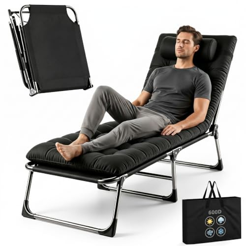 LSBIKE Sonnenliege Klappbar, Leicht Liegestuhl Gartenliege mit Klapptaschen, Gästebett mit Matratze und Kopfkissen, 4 Positionen Verstellbares Tragbares Multifunktions Campingliege (Schwarz 1 Stück)
