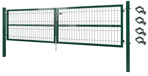Gartentor Tor 300 x 80 cm Gartenzaun Zaun Doppelflügelig Gartentür aus Metall für Stabmattenzaun Abschließbar inkl. Pfosten Grün V2Aox