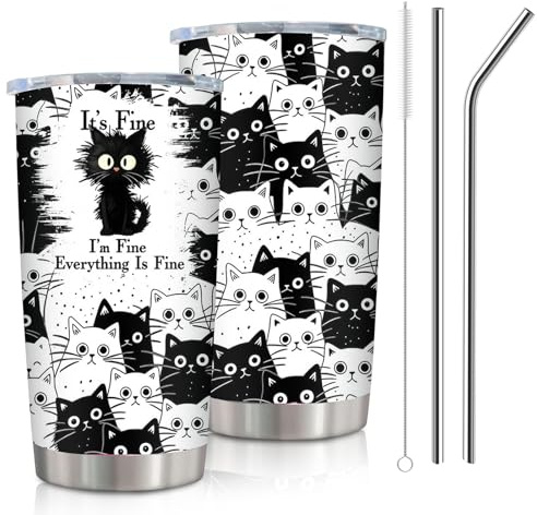 Nodrex Black Cat Stainless Steel Tumbler, Insulated Coffee Travel Mug with Straw Lid, Leak-Proof Travel Coffee Mug 600 ml, Cute Cat Cup Gift for Cat Lovers, Water Bottle for Women Men