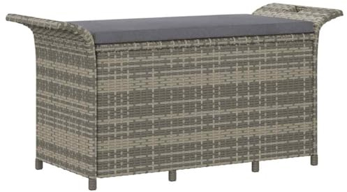 HETFTJN Gartenbank mit Kissen 116x46x57 cm Poly Rattan Grau platzsparende Truhenbank mit Stauraum für Balkon Terrasse Garten Lounge Esszimmer