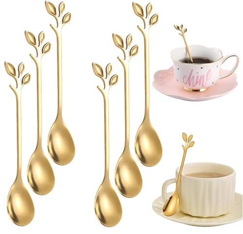 Lote de 6 cucharas de café de hoja de acero inoxidable | Cucharas de postre pequeñas doradas de 12 cm | Utensilios de cocina modernos | Antióxido y pulidas | Regalo de cocina