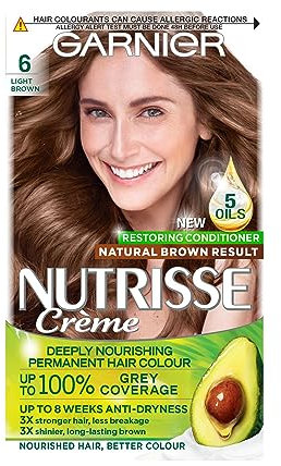 Garnier Nutrisse Ultra Crème Permanent Hair Dye, Up to 100% Grey Coverage, 8-weeks Long-Lasting Colour, No Ammonia, Vegan (Shade: 6 Light Brown)