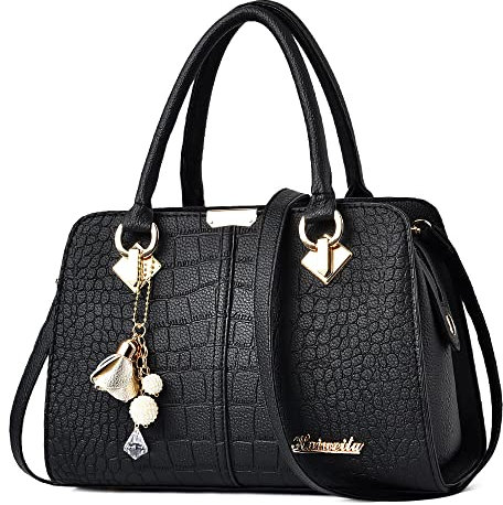 DORRISO Handtasche Damen Mittelgroß - Elegante Große Kapazität Wasserdicht PU Leder Mode Ornamente Abnehmbarem Schulterriemen für Reisen Arbeit Einkaufen Klavierschwarz