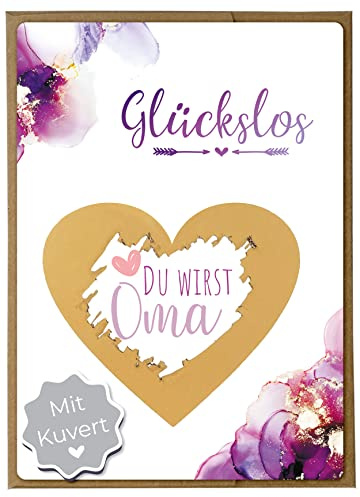 Joli Coon Rubbelkarte Du wirst Oma, mit Kuvert, Schwangerschaft verkünden | 350g Designerpapier, fühlbare UV-Lack-Veredelung, naturfarbenes Steckkuvert mit goldenem Herz, zur Schwangerschaftsverkündung