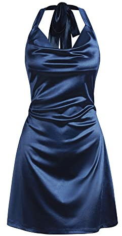 ZAFUL Women Halterneck Satin Mini Dress Sexy Cowl Neck Silky Party Cocktail Club Dress (Navy Blue-Halter-A, S)