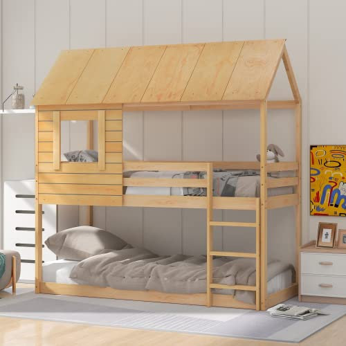 Hochbett Kinderbett mit 3 Treppe 90 X 200CM, Etagenbett Stockbett für 2 Kinder mit Rausfallschutz und 2 Lattenrost, Massivholz Kinderbett, Jugendbett, Doppelbett Hausbett (Eichenfarbe)