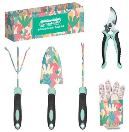 GardenHOME Juego de 5 Herramientas de jardín, Herramientas de jardinería duraderas de con Mango ergonómico y Antideslizante, Regalos Ideales para Mujeres (Juego Floral)