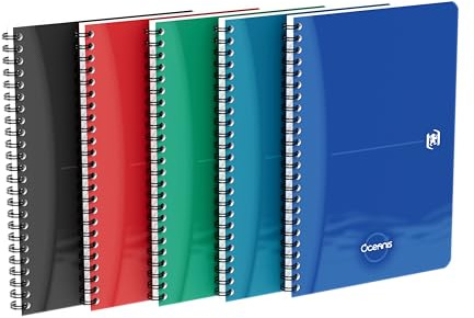Oxford Spiral-Notizbuch A5 liniert, Oceanis, recycelter Kunststoff aus dem Meer, 180 Seiten, 5 Farben, 5 Stück