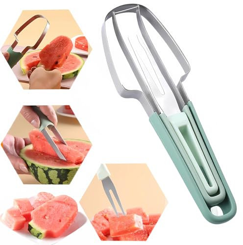 3-in-1 Melonenschneider Edelstahl Wassermelonen Schneider Multifunktionaler Melonenausstecher, Obstschneider Wassermelonen Gabel Cantaloupe Schneider Ananasschneider Drachenfruchtschneider. (Grün)