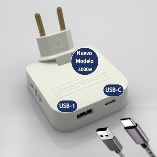 Pack 2 Ladron Enchufe Plano con USB C de 4000W y 4 Tomas - 2 Puertos de Carga Enchufe USB Tipo 1 y Tipo C + 2 Enchufes - Mayor Potencia - Ladron Extraplano con Cabezal Giratorio 180º | 3-Stars