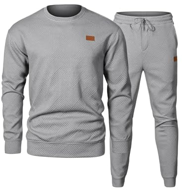 Elegancity Men's Tracksuits Crewneck Pullover Sweatshirt Men Long Sleeve Casual 2 Piece Sets Textured Jumper and Joggers,Grey M