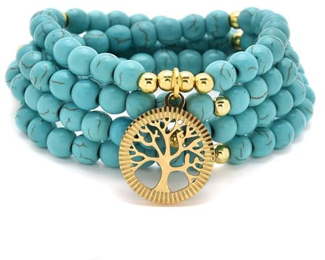 oasymala Accessori per la meditazione, 108 perle Mala, ciondolo albero della vita in oro, bracciale o collana di perle yoga per uomo o donna