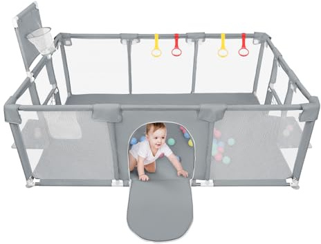 Parque Bebé,180X120CM,Modulable,Gran Parque infantil,50 Bola marina,2 Agarraderas,Parque de Juegos Bebe,Playpen Bebe,Corralito Bebe con Malla Transpirable (Gris oscuro)