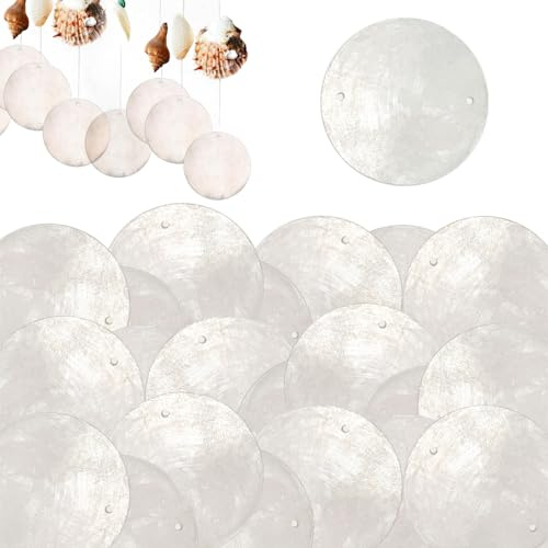 100 Stück Muschel Perlmutt Scheiben, Perlmutt, Polierte Runde Scheiben Accessoire, Windspiel Anhänger Retro, mit Zwei Löchern, für Muschelvorhänge, DIY-Basteleien, Heimdekoration(Weiß)