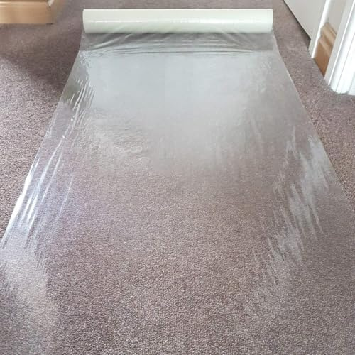 WINSOME 60 Micron Clear Carpet Protector Film Self Adhesive Roll Temporary Protecting Water Resistant Floor Dust Sheet Cover | 50m x 60cm Roll