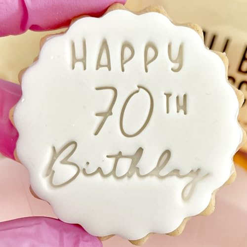 Happy 70th Birthday Cookie Cutter Stamp Embosser fits m&s Biscuits Great for Fondant Icing Seventy 70 Birthday Reusable Marks and Spencers Party Favours Free Matching Cutter