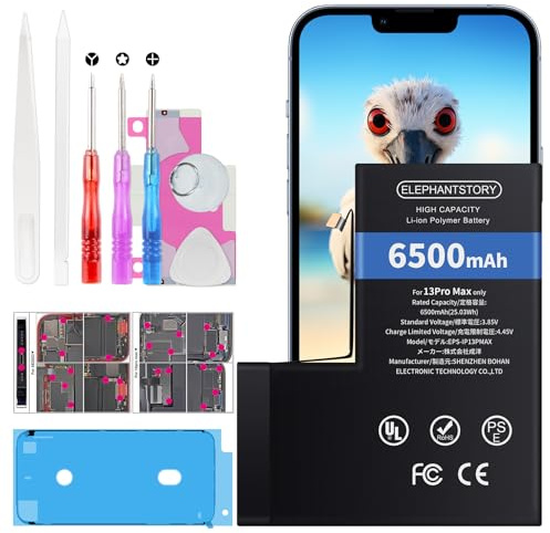 ElephantStory Batterie pour Phone 13 Pro Max, 6500 mAh Haute Capacité Batterie de Remplacement avec Guide et Tous Les Outils de Réparation