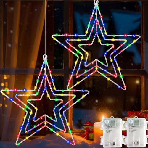 Redefun Julbelysning för fönster, 2 stycken 75 LED-julstjärna, ljuskedjor, batteridriven, 8 lägen, hängande julbelysning med timer för inomhus, utomhus, juldekoration (flerfärgad)