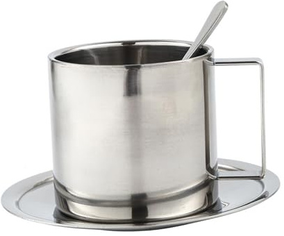 Gcljlmy Ensemble de tasses à café, cuillères et soucoupes, assiettes de service en acier inoxydable, tasse à lait portable à double paroi pour la maison, le bureau, le restaurant, le café (set de 280