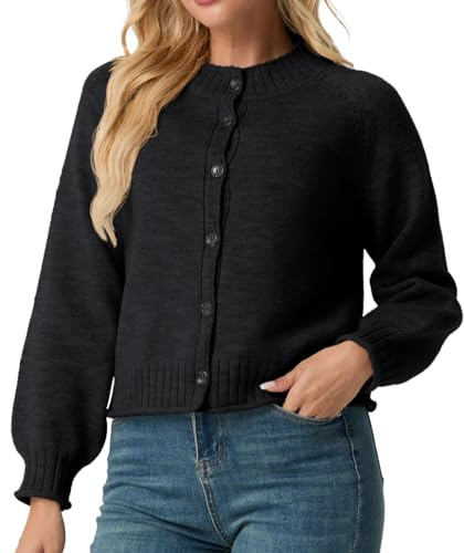 GRECERELLE Cárdigan de punto corto para mujer, cuello redondo, manga larga, jersey de punto clásico, top con botones, para otoño y primavera (negro, XXL)