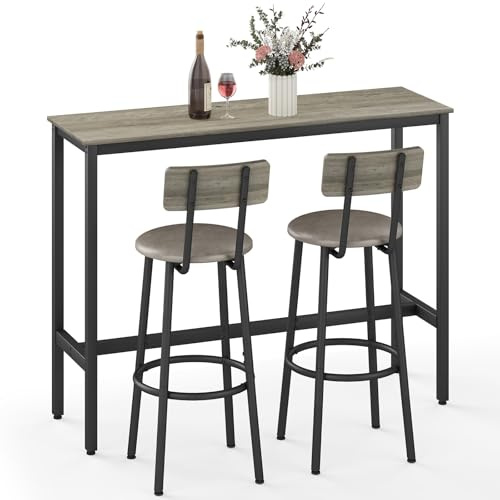 Zevemomo Dining Table Set for 2, 3-Piece Bar Table and Chairs Set, Kitchen Table and Chairs, High Top Table with 2 PU Upholstered Stools, Space-Saving Pub Table Sets for Small Space, Gray