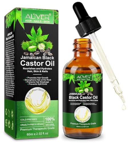 Aliver Organic Jamaican Black Castor Oil, Cold Pressed Hair Growth Serum for Scalp Treatment, Eyebrows, Eyelashes, Nails & Skin Care, Pure Moisturizing Beauty Oil for Dry Hair & Body Care (60ml)