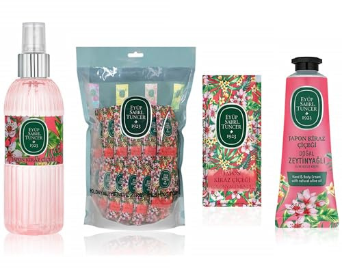 EYÜP SABRİ TUNCER Eau de Cologne Parfum japonais Fleur de cerisier en vaporisateur 150 ml + Lingettes rafraîchissantes Lot de 150 + Crème pour les mains et le corps 50 ml