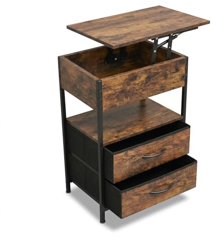 KOMTWNM Nachttisch Industrial Style mit Geheimfach und 2 Schubladen, Nachttisch Holz höhenverstellbar, Nachttisch Vintage, Bed Side Table, Nachttisch für Boxspringbetten, Beistelltisch Holz