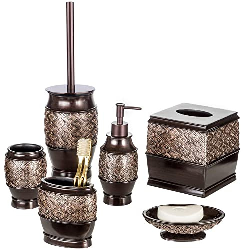 Creative Scents Dublin Brown Bathroom Accessories Set 6-Piece Resin Bathroom Decor Set Includes Toilet Bowl Brush and Holder, Tissue Box Cover, Soap Dispenser, Soap Dish, Cup, & Toothbrush Holder