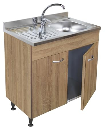 Arredobagnoecucine Unterschrank Teakholz, 2 Türen, komplett mit Spüle aus Edelstahl, 80 cm, Badewanne rechts
