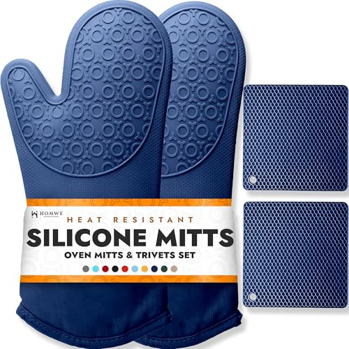 BPA-Free Soft Silicone 4 Piece Oven Mitts & Trivets Set - Ultra Heat Resistant Oven Mitts with Thick Cotton Liner - Long Slip Resistant Pot Holders, Flexible Oven Gloves - Royal Blue