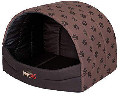 millybo Hundehütte Hundehöhle Hundebett Hundehaus S-XL (R4 (60 x 49 cm), Hellbraun mit Muster (Pfötchen))