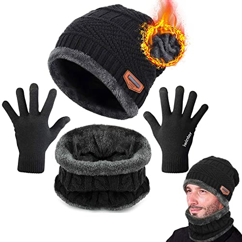 CheChury Gorro y Guantes de Invierno para Hombres con Forro Polar Conjuntos de Sombrero Suave Guantes de Pantalla Táctil Unisex Beanie de Punto Gorra Casual Cálida para Regalos