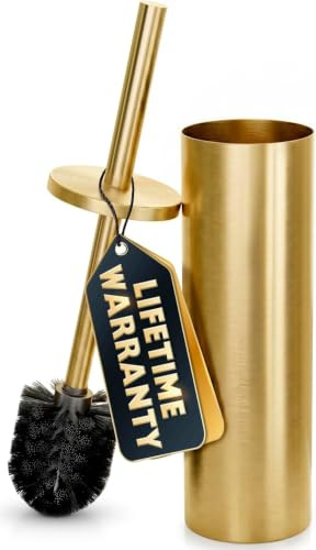 Gold Toilet Brush and Holder Set - Brushed Stainless Steel Gold Toilet Bowl Brush and Holder with Replaceable Head, Removable Inner Bowl, and Splash Protection - Dense Bristles for Thorough Cleaning