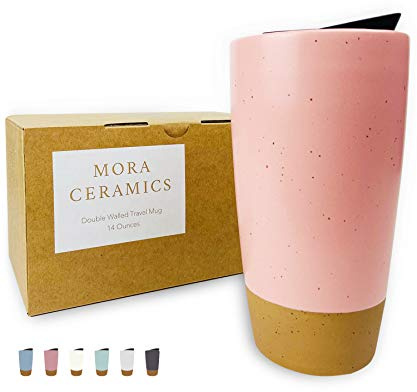 Mora Double Wall Ceramic Coffee Travel Mug with Lid, 14 oz, Portable, Microwave, Dishwasher Safe, Insulated Reusable Tall Cup, Splash Resistant Lid - To Go Tumbler for Car Cup Holder, Pink Salt