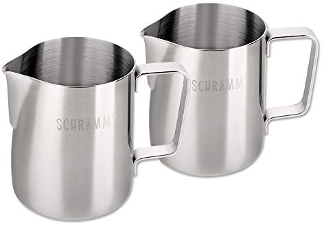 Schramm® 2 Stück Milchkännchen silber Milchkanne Edelstahl 350ml Milch aufschäumen Krug Aufschäumkännchen mit Baristastift Milchschaum Latte Macchiato Cafè Latte silber 2er Pack