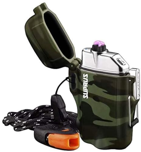 SUPRUS Waterproof Lighter 3 Modes of Flashlight Windproof Lighter Dual Arc Electric Lighters Rechargeable Dual Arc Plasma Lighter with Survival Emergency Whistle and Lanyard Camouflage
