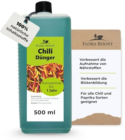 Konfitee Chili Dünger Flora Boost 500ml I Für bis zu 100L Gießwasser I Gemüsedünger für Paprika & Chili Pflanzen I Flüssiger Blatt- & Wurzeldünger I 100% natürlicher Pflanzendünger