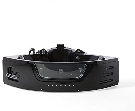 Whirlpool Badewanne Mallorca – Eckbadewanne mit 12 Massage-Düsen, LED-Beleuchtung, Armaturen & Glasfront | Maße: [144 x 144 cm] | Farbe: Schwarz | Spa-Badewanne für 2 Personen