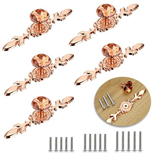 BSTKEY 5er-Pack Roségold-Kristall-Kristall-Schubladenknöpfe mit Platte – Rautenform Schrank Schubladengriff Schubladengriff mit Schrauben (120 mm)