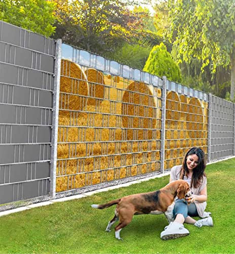 MyMaxxi Infinity Zaunsichtschutz | Heuballen Teil1 Motiv 9 Streifen | Sichtschutzstreifen für Doppelstabmattenzaun | Windschutz Sonnenschutz Blickdicht | Sichtschutz Garten | Sichtschutz