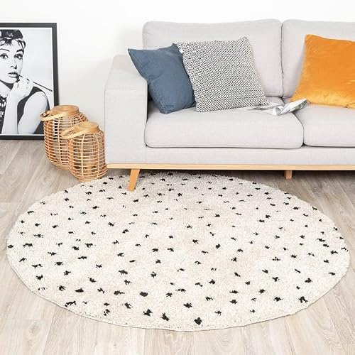 Teppich Hochflor Rund - Grand Dots Creme Schwarz - Ø 150 cm | Symmetrische, Punkte - Industrielle, Modern, Skandinavisch - Wohnzimmer, Esszimmer, Schlafzimmer - Fellteppich