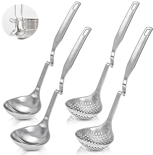 Peohud 4 Pack 304 Stainless Steel Soup Ladle and Colander, Slotted Hot Pot Ladle Strainer Scoops, Thickening Cooking Skimmer Cookware Utensil for Hotpot Scooping Sauce Serving, 12 Inch