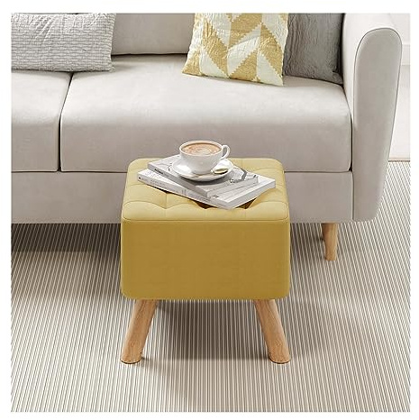 INMOZATA Linen Fabric Footstool Square Upholstered Stool Pouffe Stool Change Shoe Footrest Wooden Legs for Living Room Bedroom (Yellow)